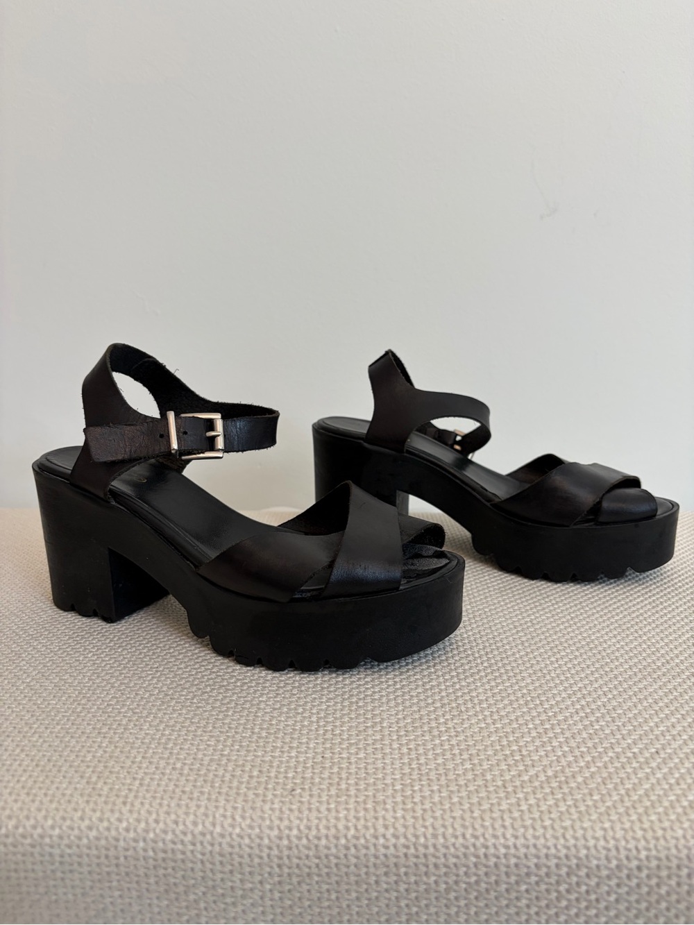 Platform Block Heel Sandals with Ankle Buckle - Black (from Spain)